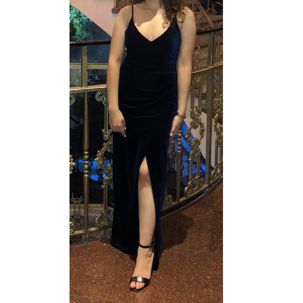 Dark blue maxi velvet slit dress